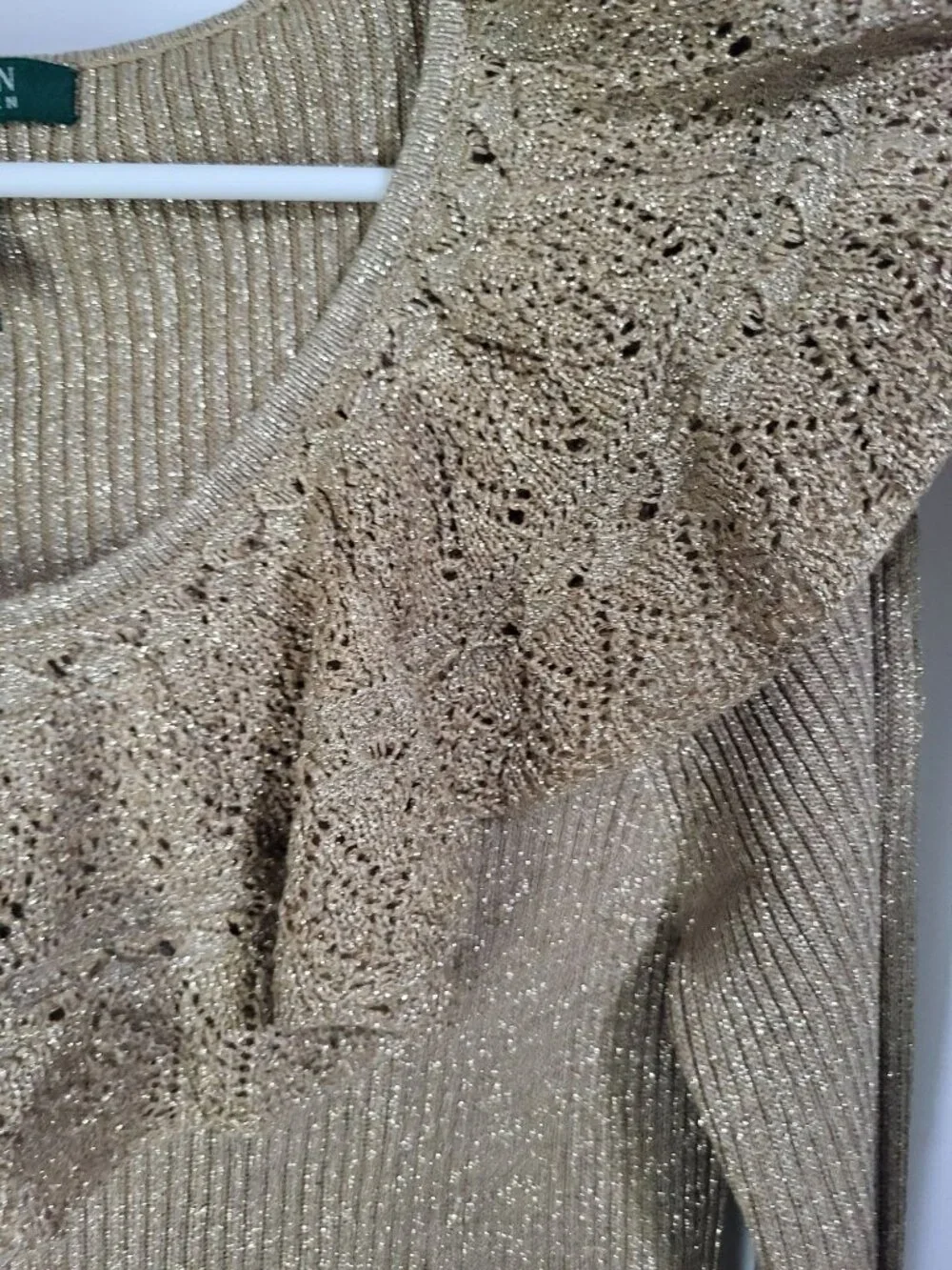 LAUREN RALPH LAUREN Womens L Gold Metallic Silk Polyester Ribbed Sweater Ruffle - Picture 4 of 7